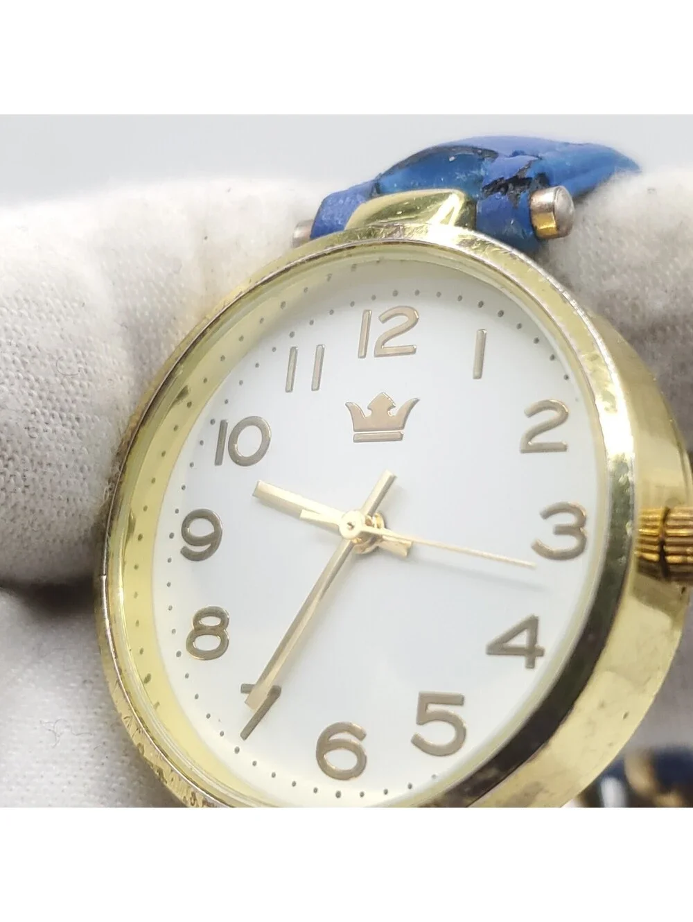 Accutime Quartz  Womens Watch 30mm Gold Tone Blue Leather Band New Battery